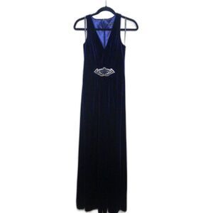 David Meister Velvet V Neck Jeweled Maxi Gown - Navy 4